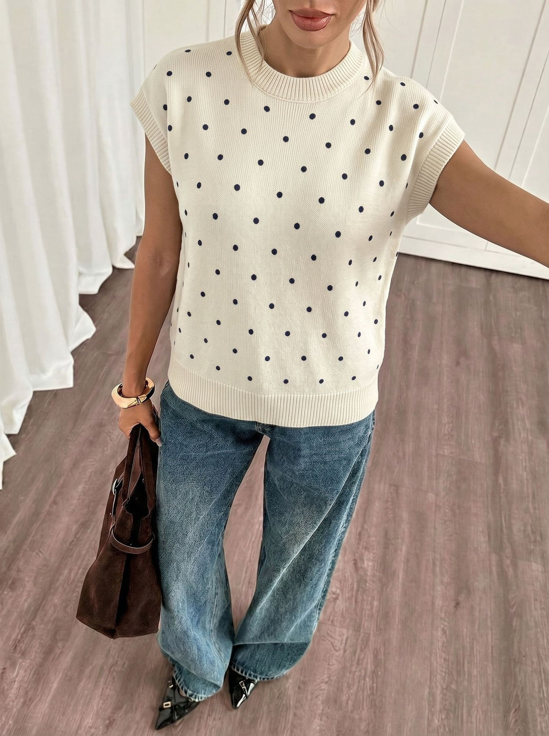 Polka Dot Short Sleeve Knit Sweater Top