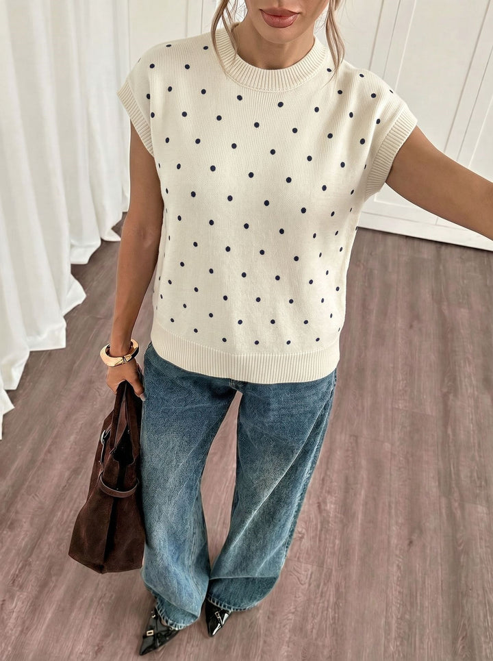 Polka Dot Short Sleeve Knit Sweater Top