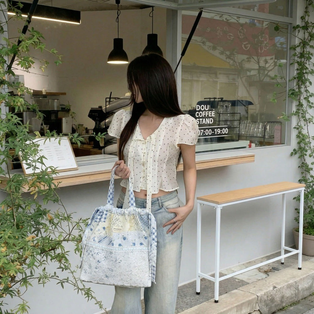Coquette Lace Patchwork Print Drawstring Tote Bag