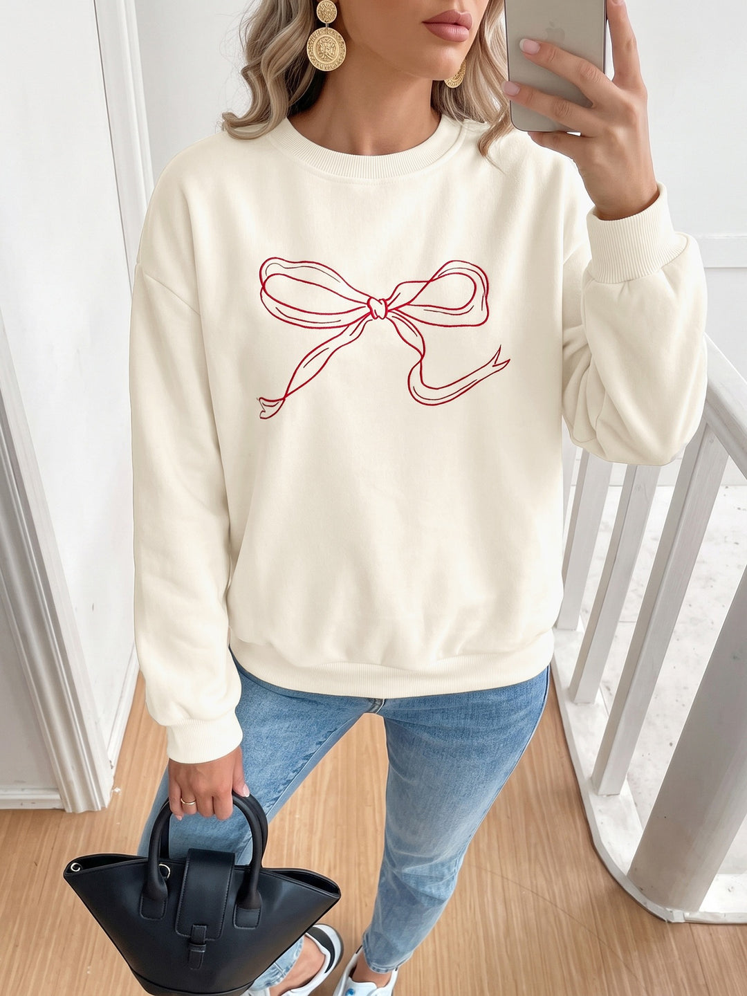 Embroidered Bow Crewneck Sweatshirt