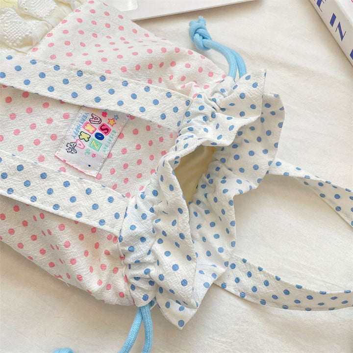 Quilted Polka Dot Drawstring Tote Bag