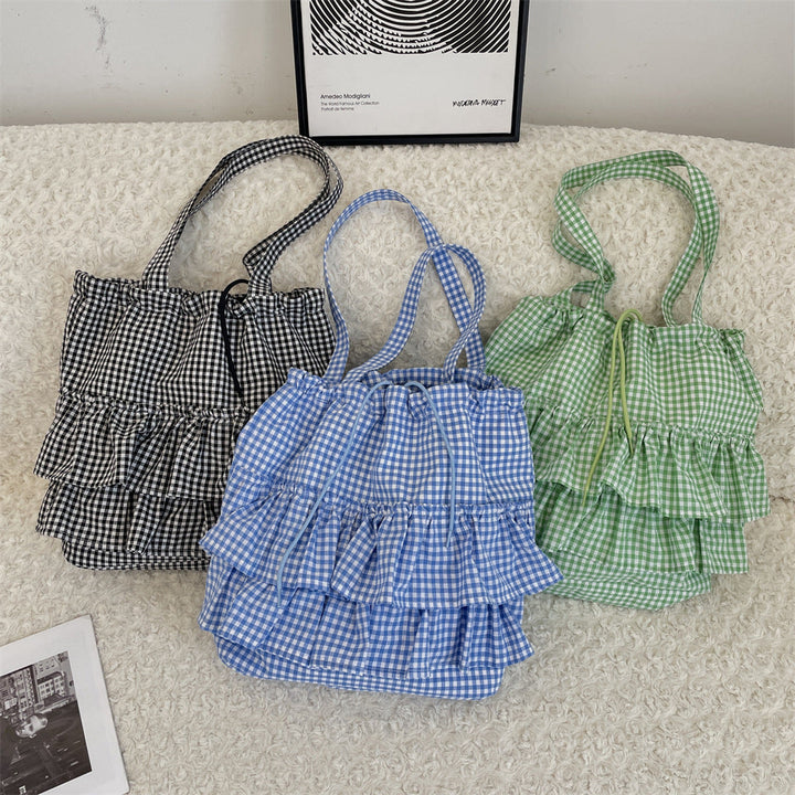 Gingham Ruffle Drawstring Shoulder Tote Bag