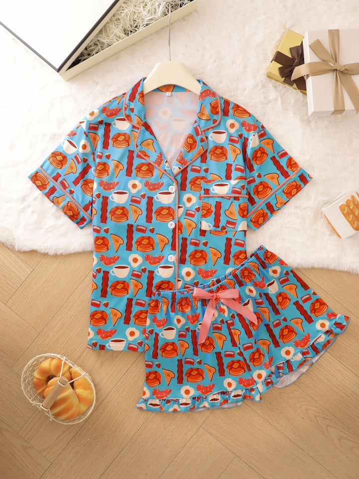 Breakfast Print Ruffle Hem Pajama Set
