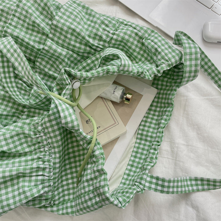 Gingham Ruffle Drawstring Shoulder Tote Bag