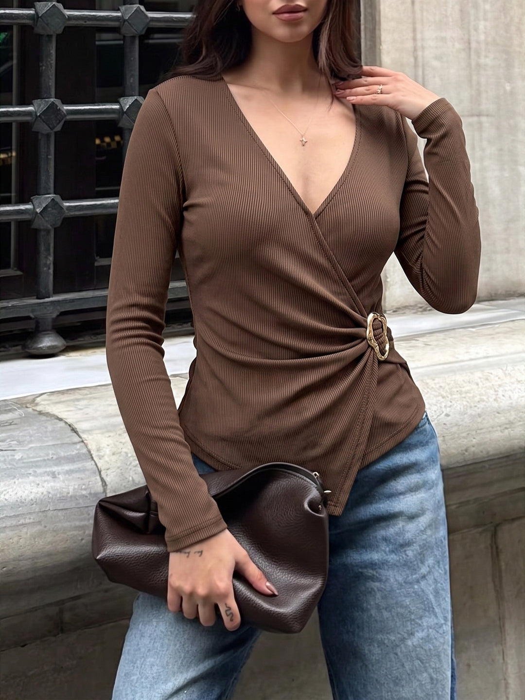 Ribbed Wrap Buckle Long Sleeve Top