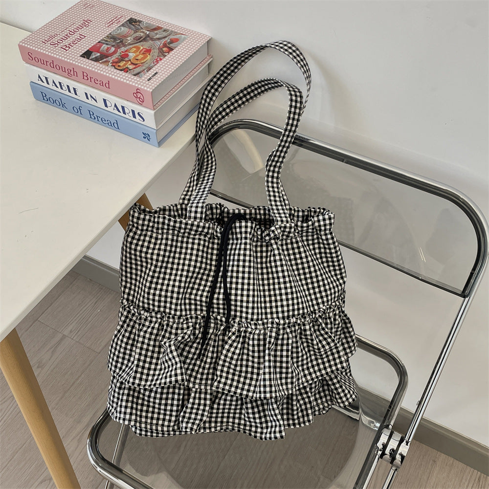 Gingham Ruffle Drawstring Shoulder Tote Bag