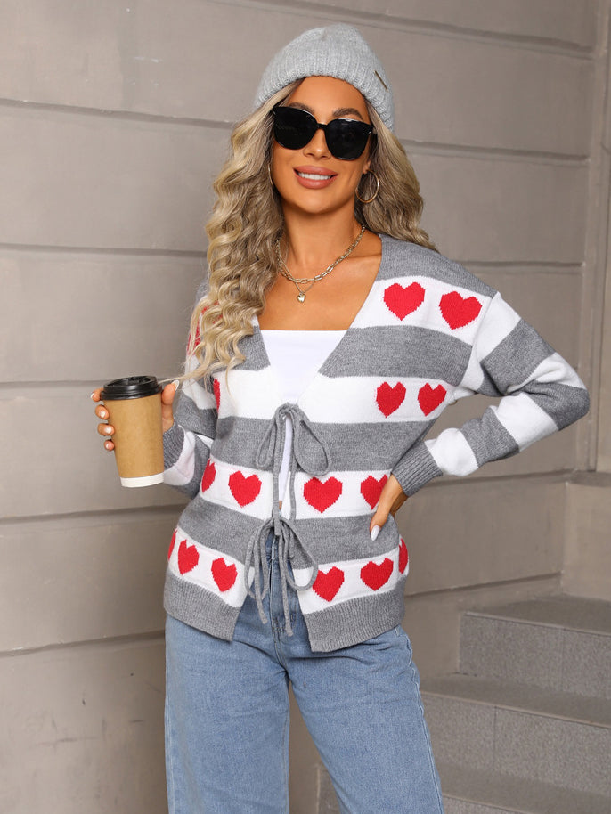 Tie Front Heart & Stripe Sweater