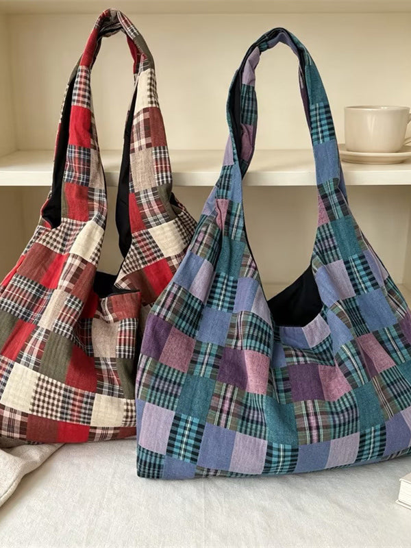 Patchwork Plaid Slouchy Tote Bag