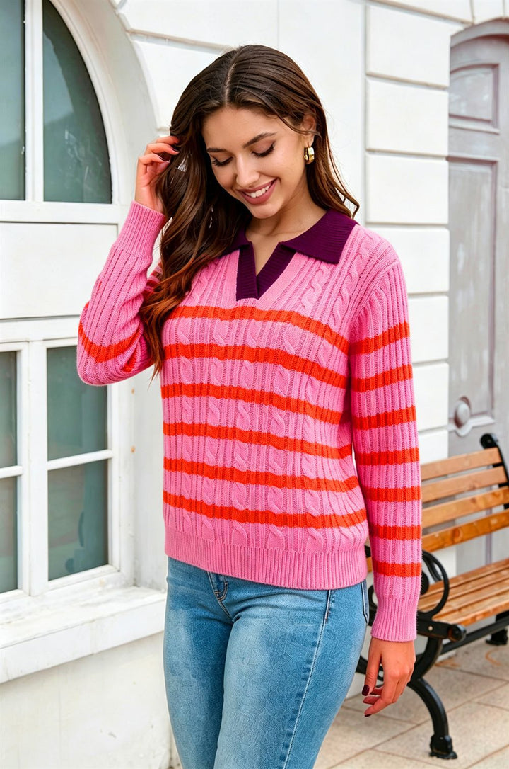 Stripe Cable Knit Collared Sweater