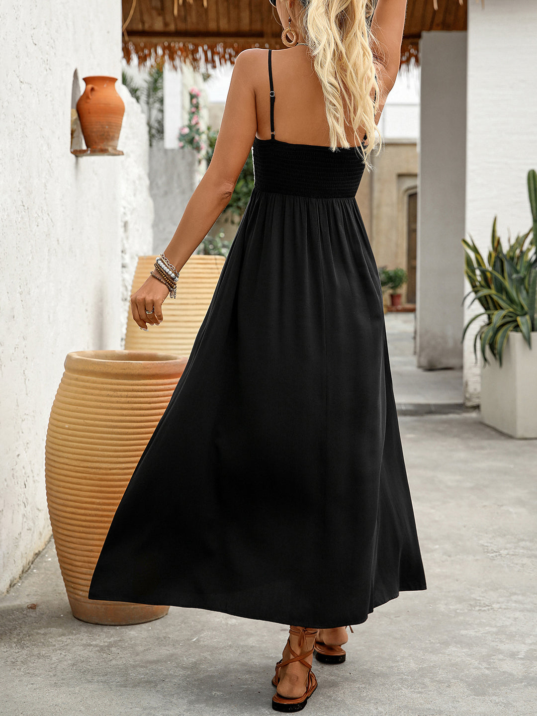 Embroidered Bodice Smocked Back Maxi Dress