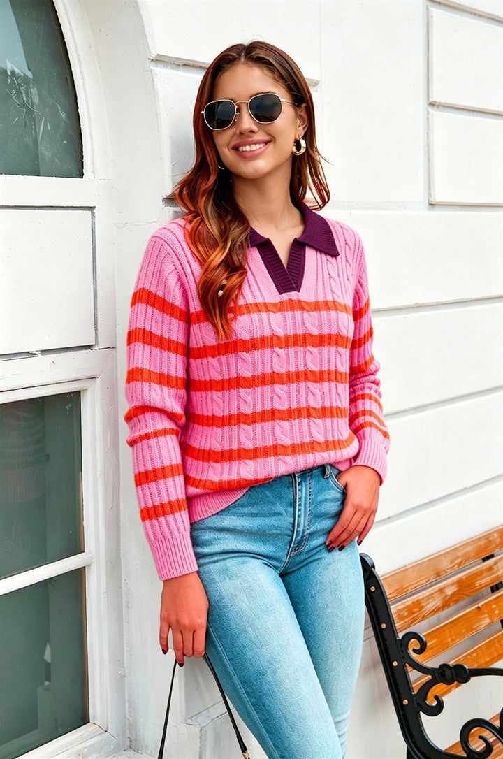 Stripe Cable Knit Collared Sweater
