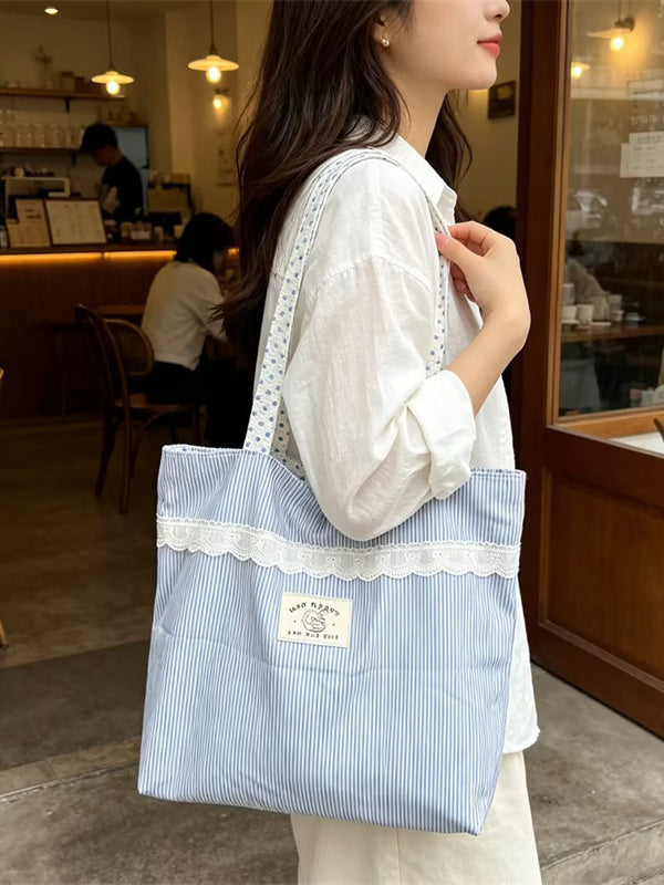 Lace Trim Stripe Everyday Tote Bag