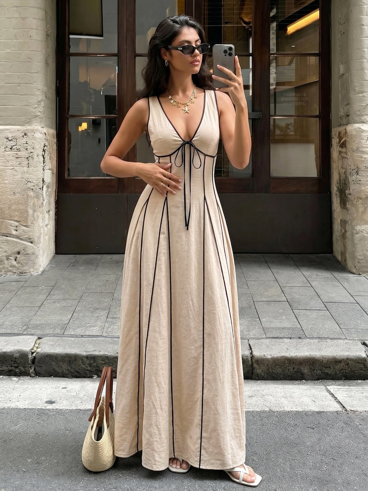 Contrast Trim Linen Blend Maxi Dress