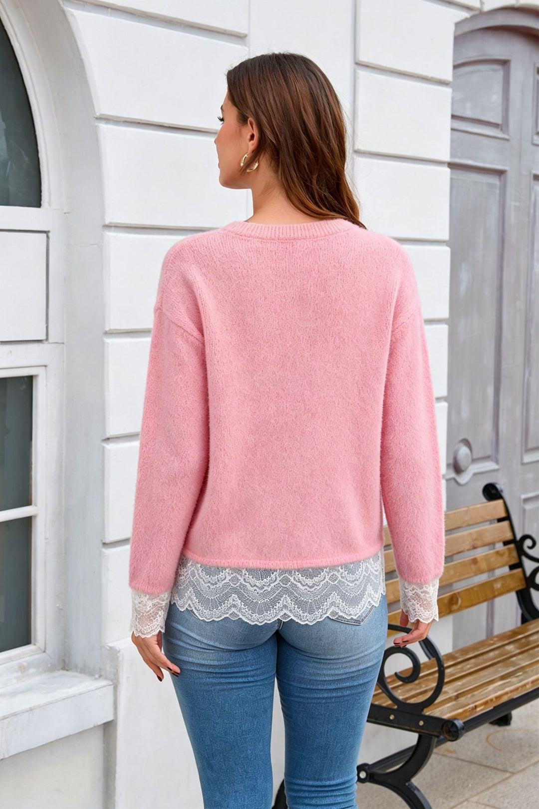 Lace Trim Fuzzy Knit Sweater