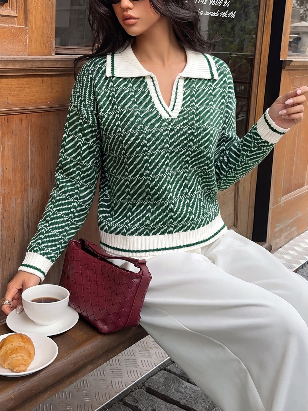 Contrast Collar Textured Knit Sweater