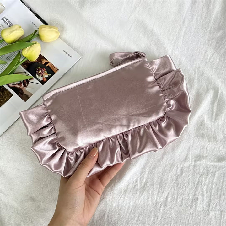 Ruffle Satin Wristlet Cosmetic Pouch