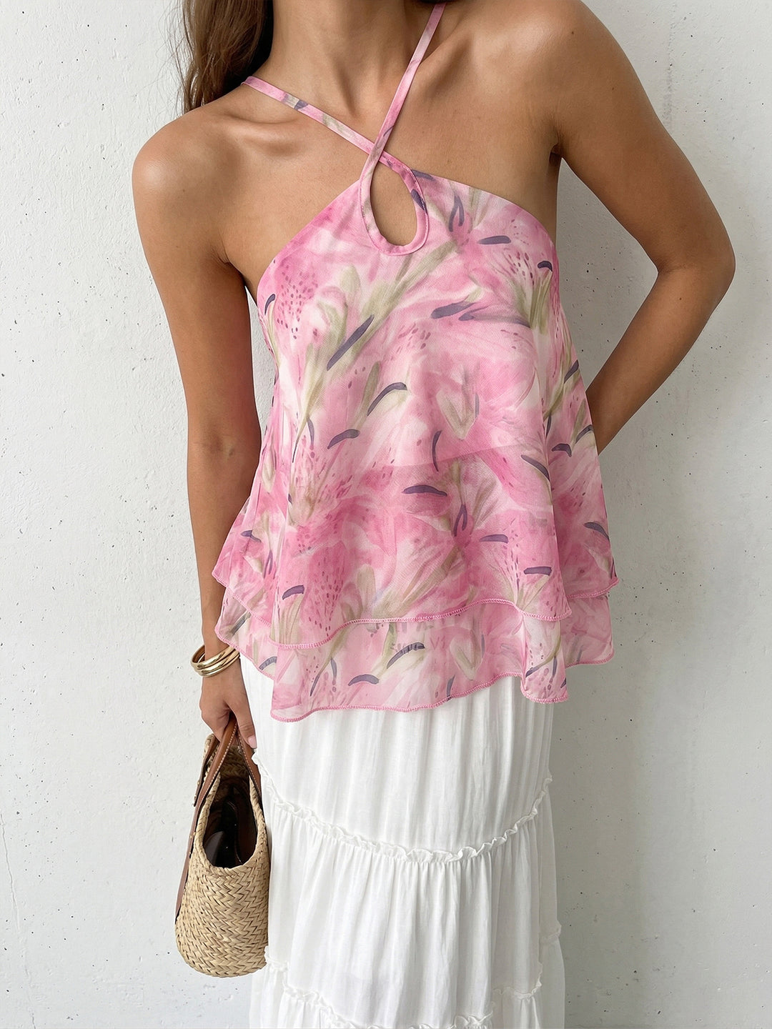 Pink Floral Halter Ruffle Tank