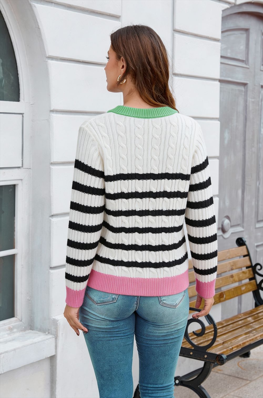 Stripe Cable Knit Collared Sweater