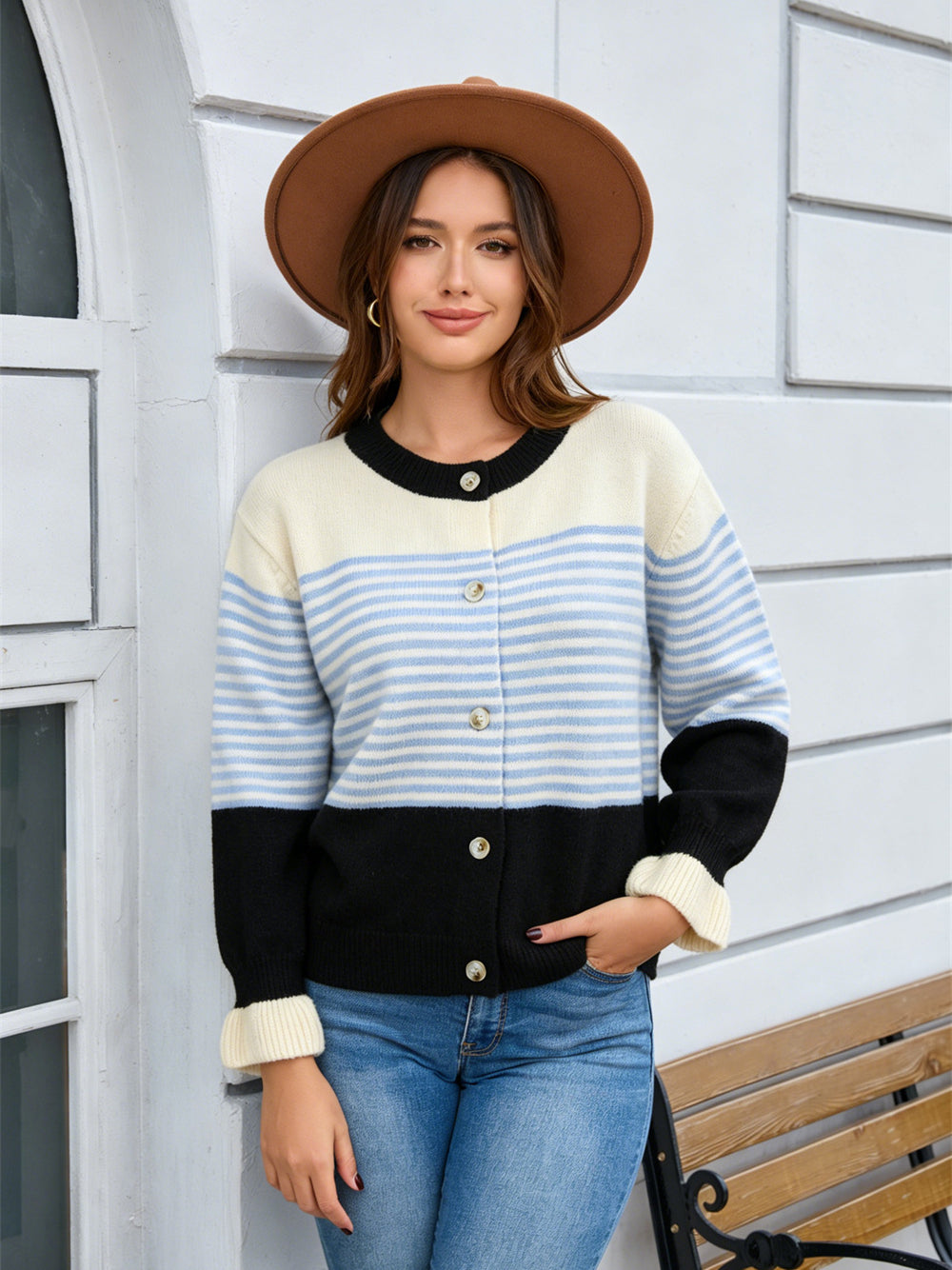 Contrast Stripe Button Front Cardigan