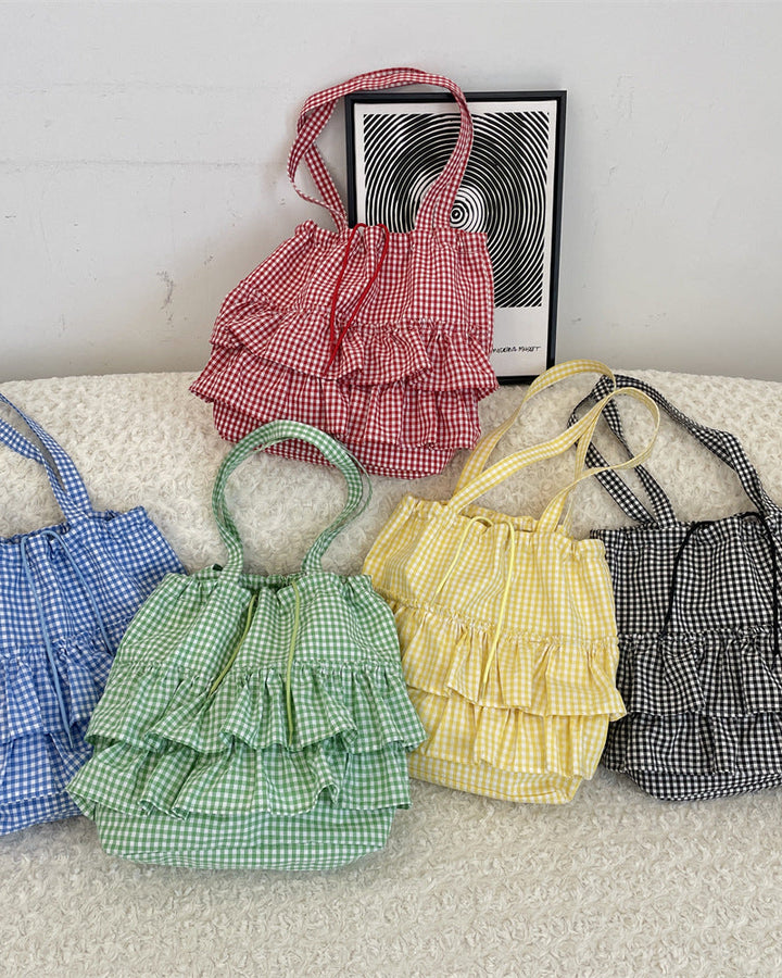 Gingham Ruffle Drawstring Shoulder Tote Bag