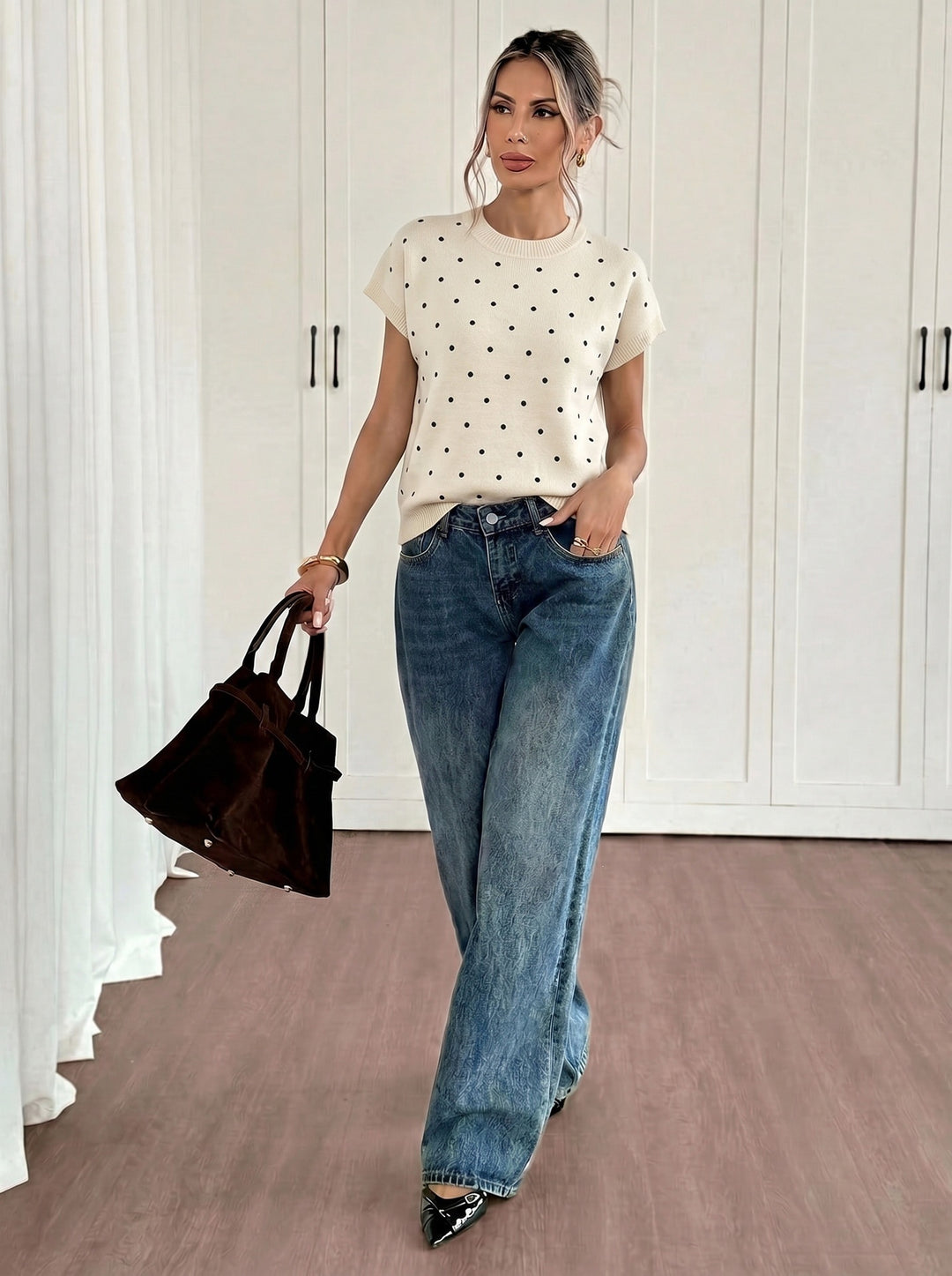 Polka Dot Short Sleeve Knit Sweater Top