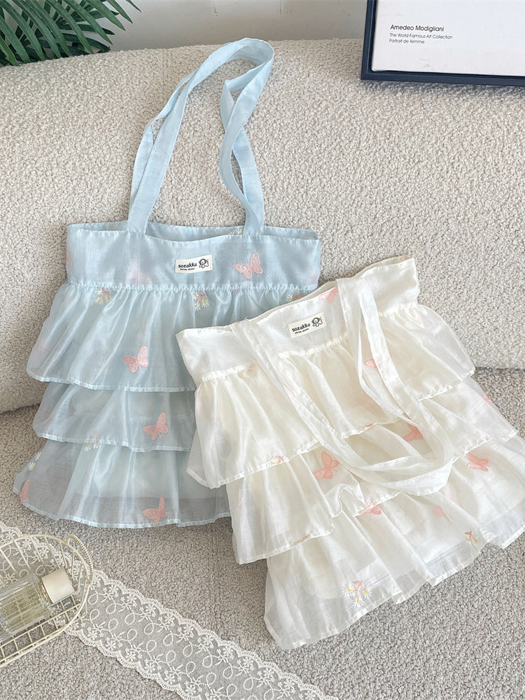 Butterfly Embroidered Tiered Organza Tote Bag