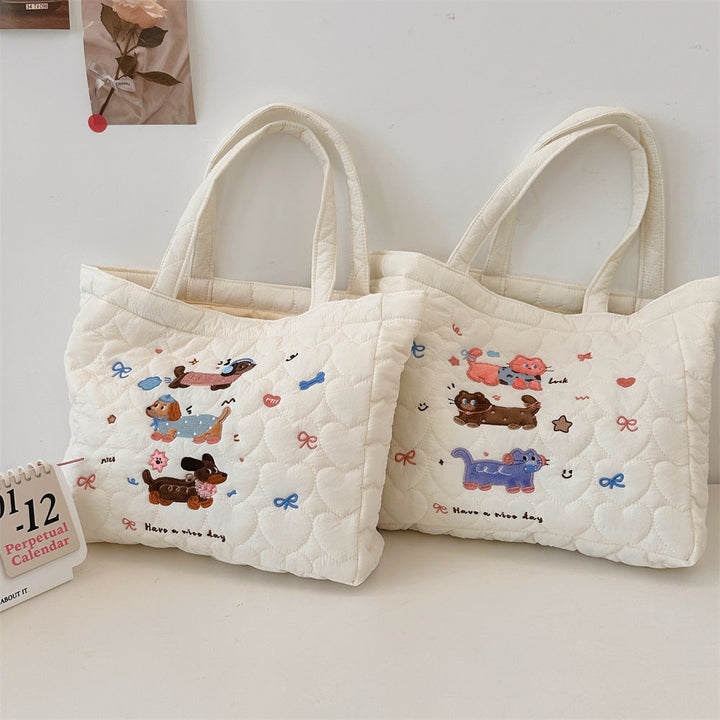 Quilted Cute Animal Embroidered Everyday Tote Bag