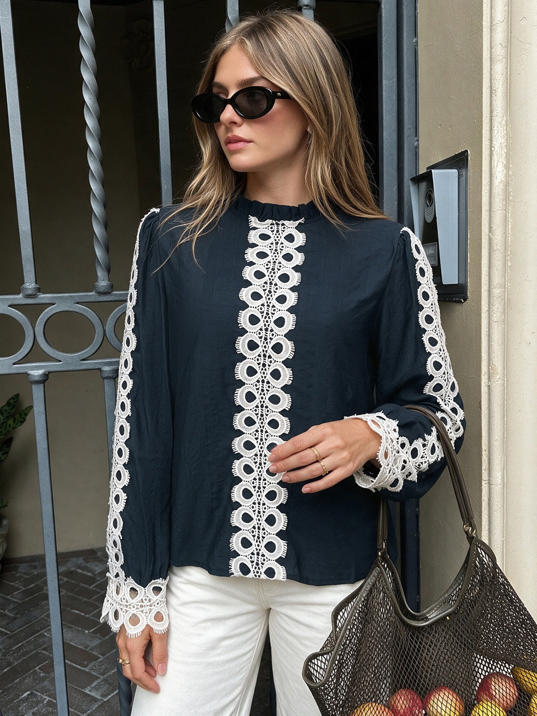 Contrast Lace Trim Blouse
