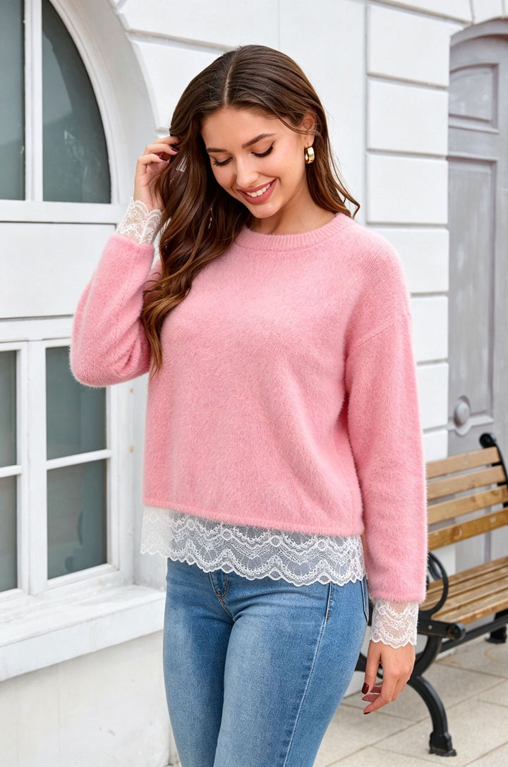 Lace Trim Fuzzy Knit Sweater