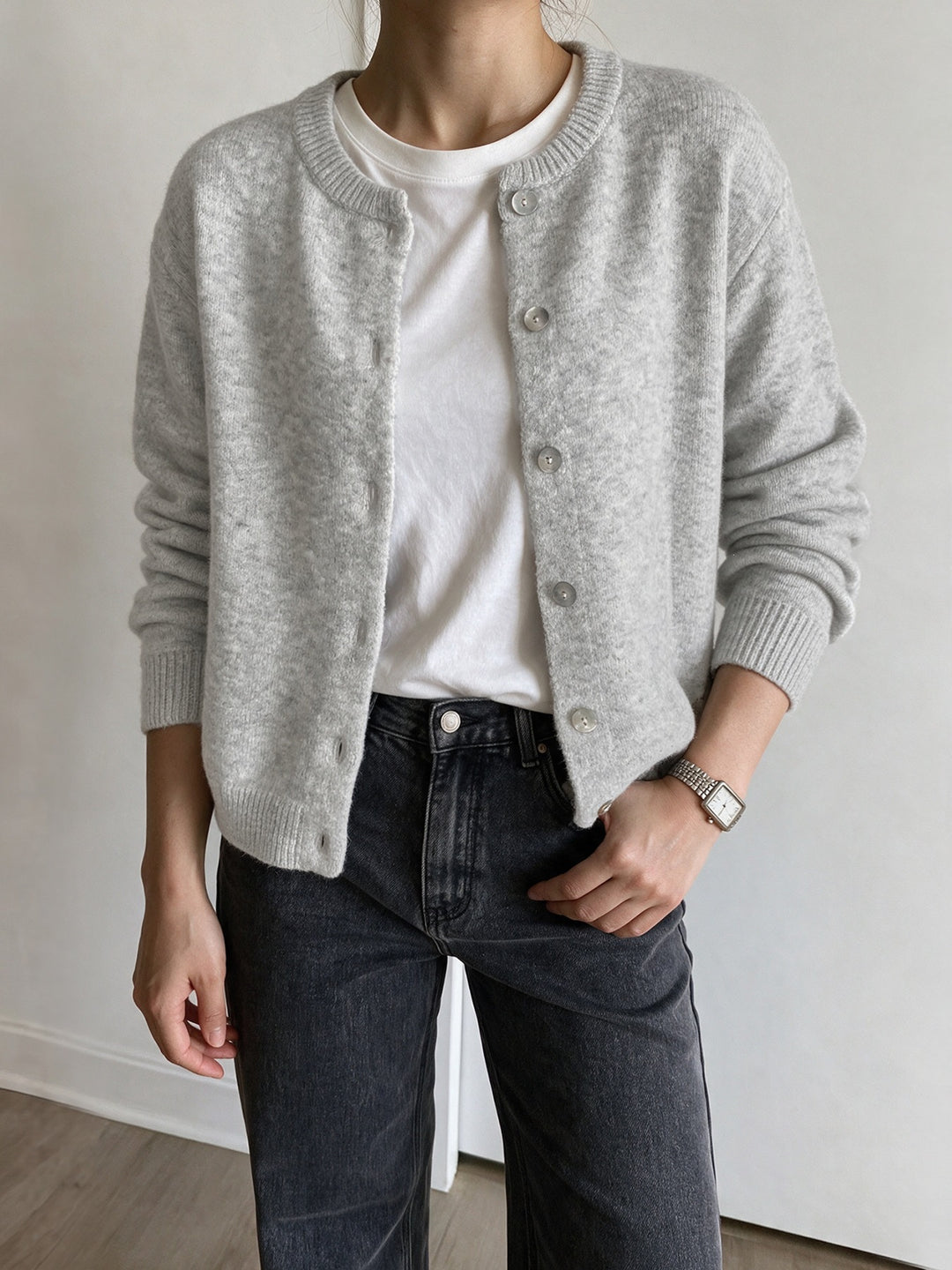 Classic Crew Neck Button Front Knit Cardigan
