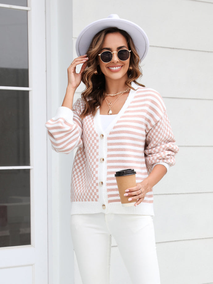 Mixed Pattern Button Front Cardigan
