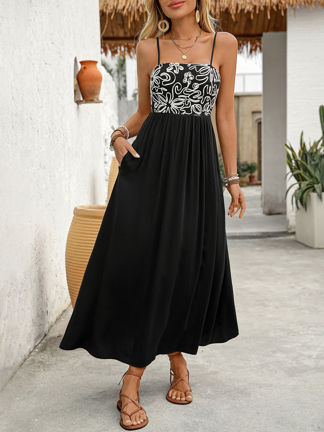 Embroidered Bodice Smocked Back Maxi Dress