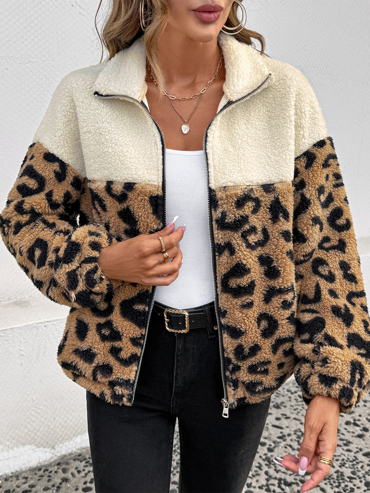 Colorblock Animal Print Sherpa Jacket