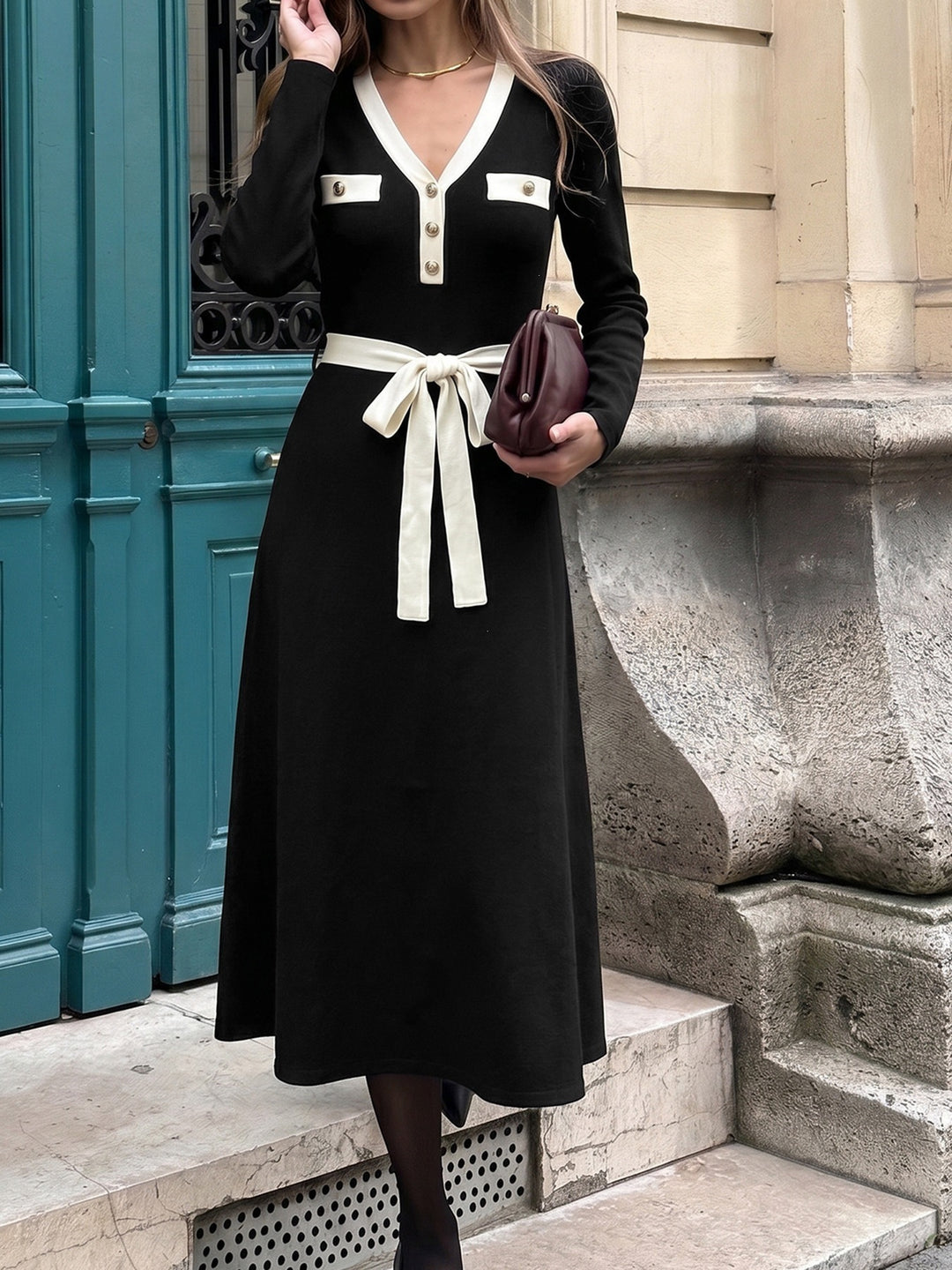 Contrast Trim Tie Waist Knit Midi Dress