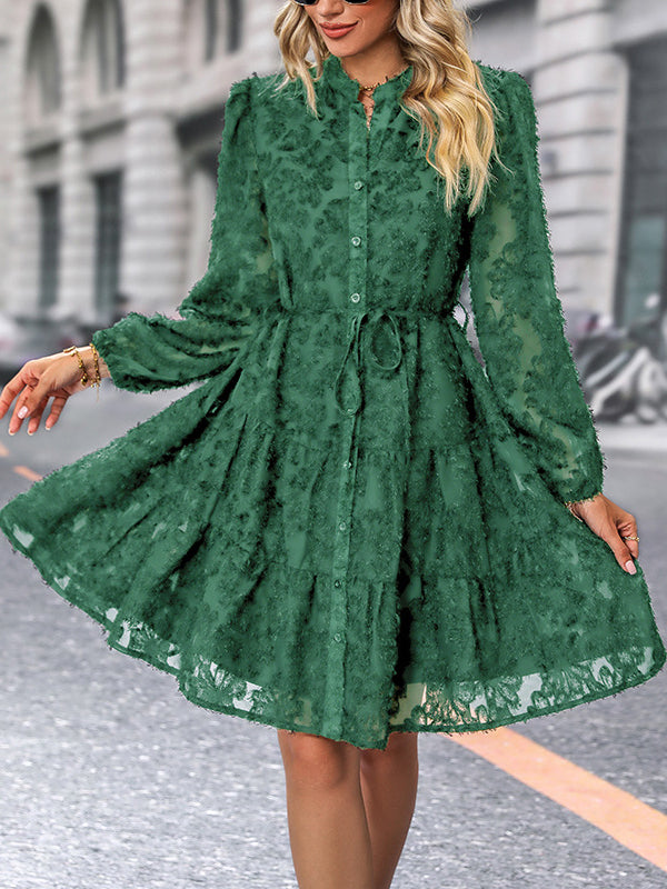 Lace Bubble Sleeve Tiered Dress