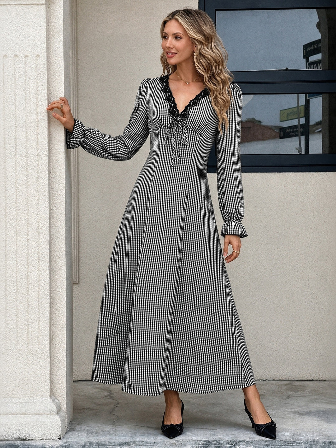 Gingham Lace Trim Long Sleeve Maxi Dress
