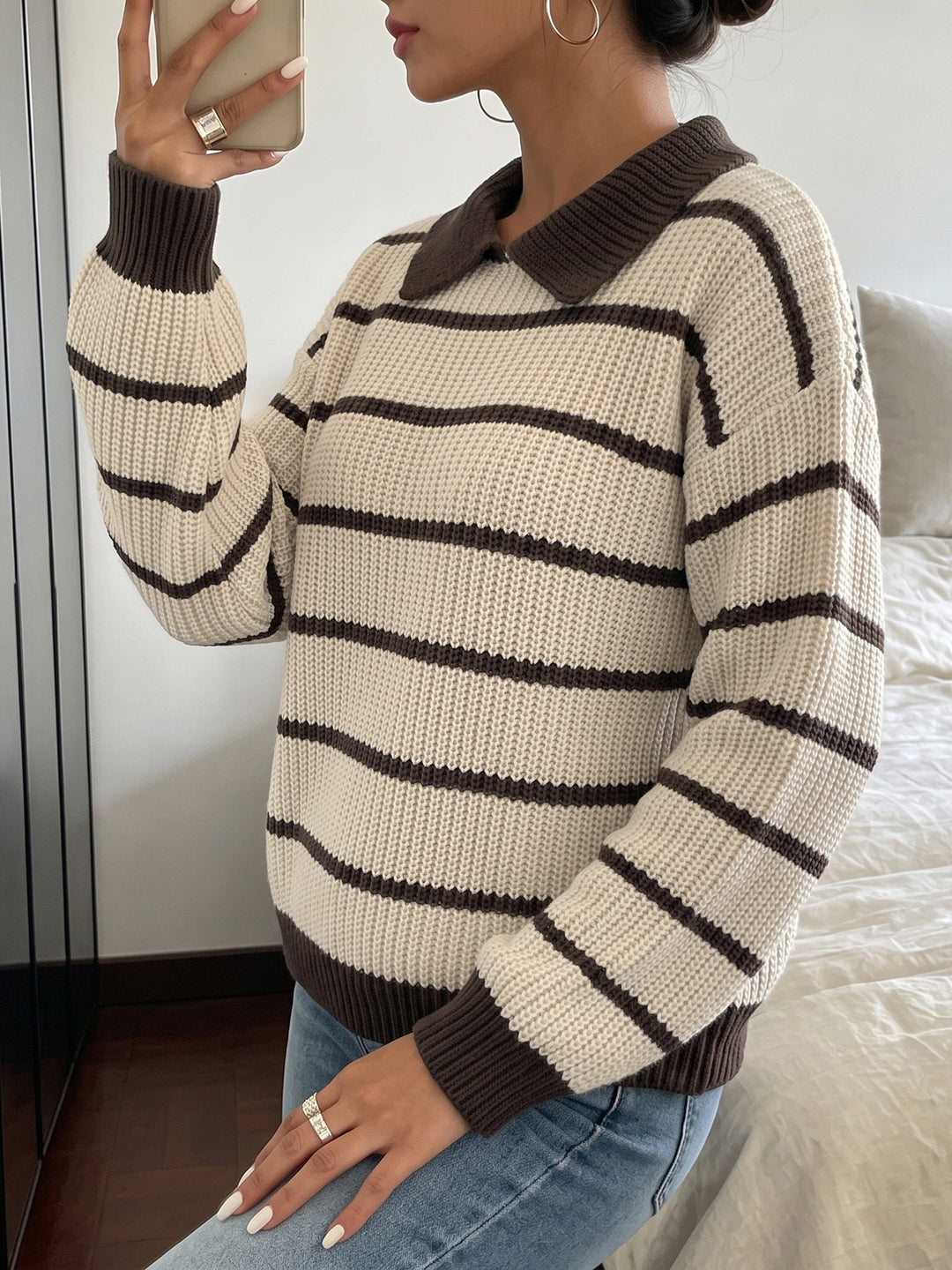 Contrast Stripe Collared Knit Sweater