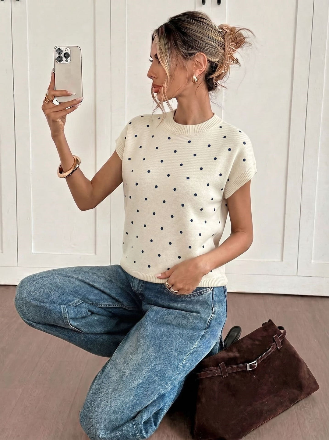 Polka Dot Short Sleeve Knit Sweater Top