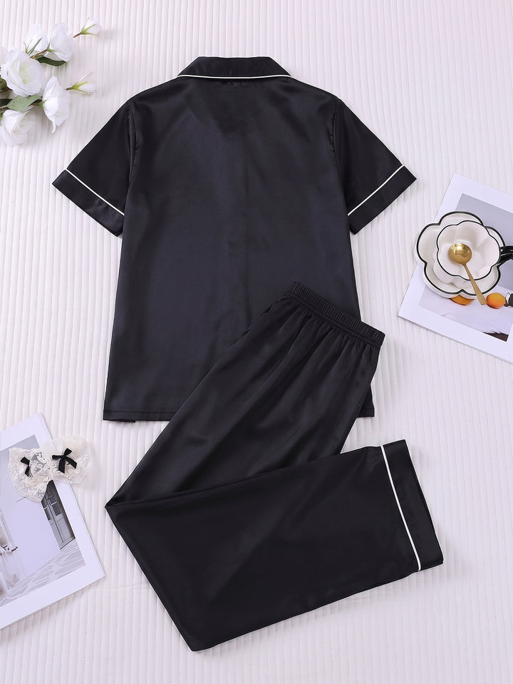 Smooth Fabric Contrast Piping Women's Pajama Set