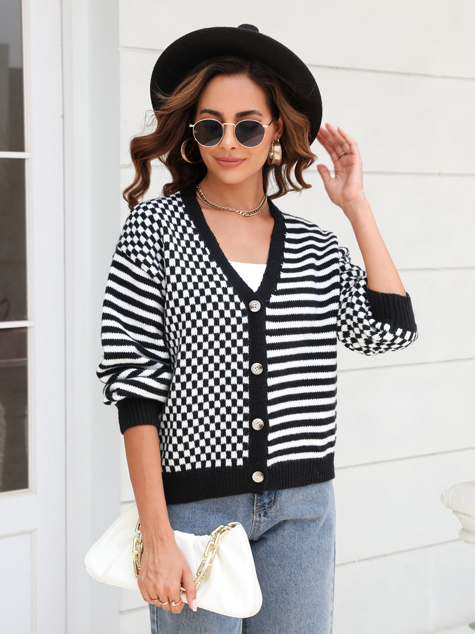 Mixed Pattern Button Front Cardigan