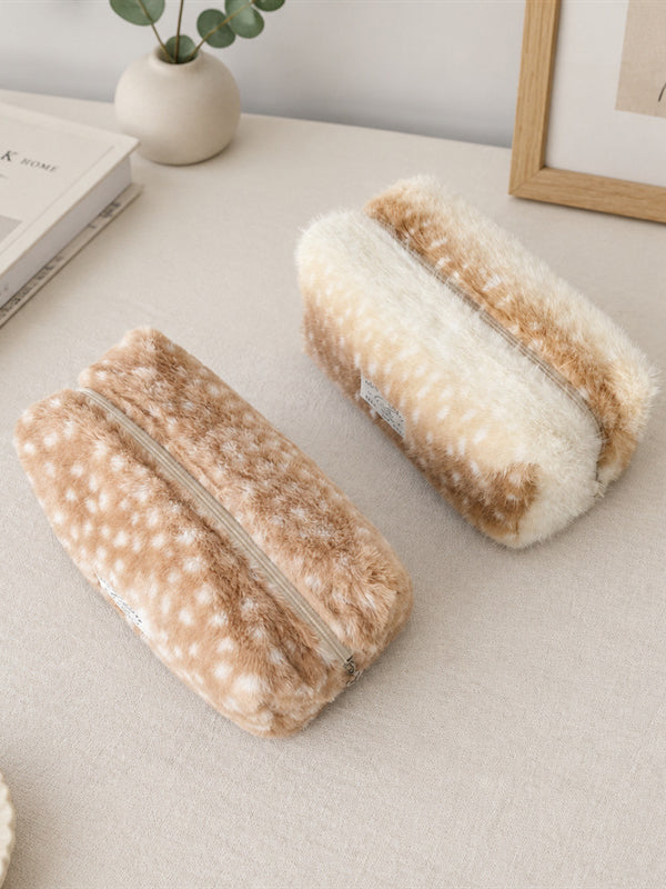 Fuzzy Deer Print Cosmetic Bag