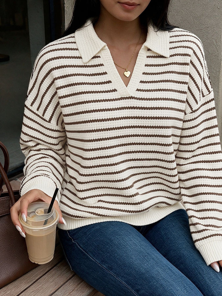 Textured Striped Collared Pullover Sweater