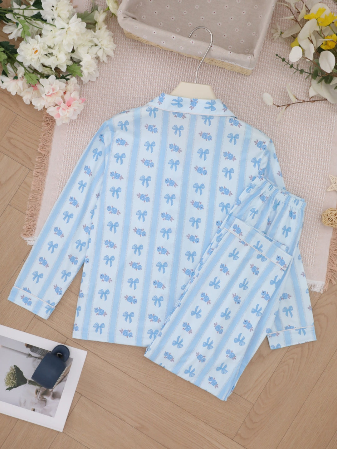 Blue Bow Floral Long Sleeve Pajama Set