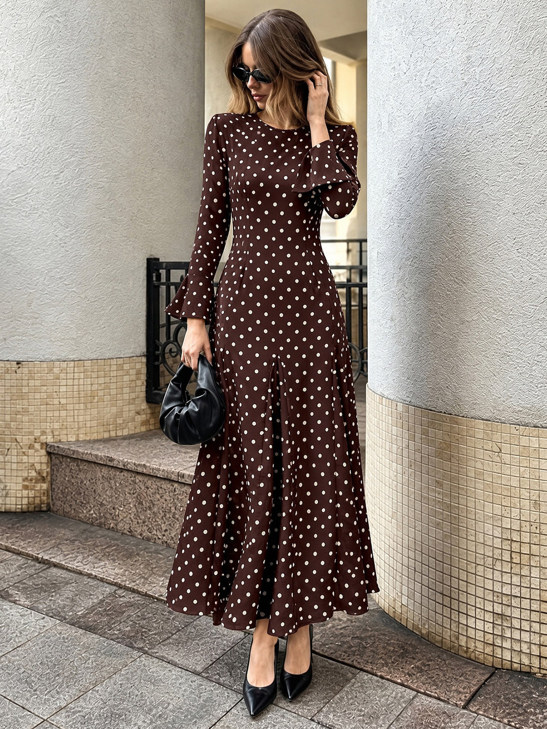 Chocolate Polka Dot Flare Sleeve Maxi Dress