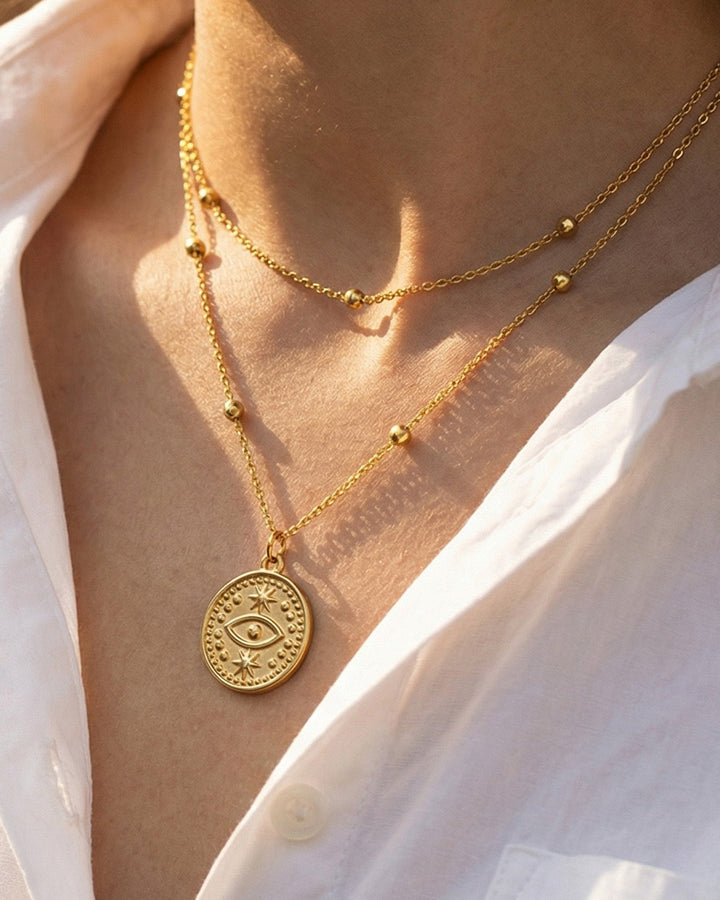 Evil Eye Coin Pendant Beaded Chain Necklace