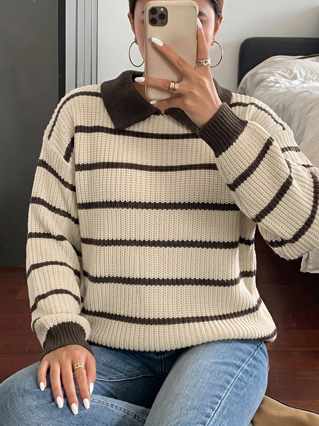 Contrast Stripe Collared Knit Sweater