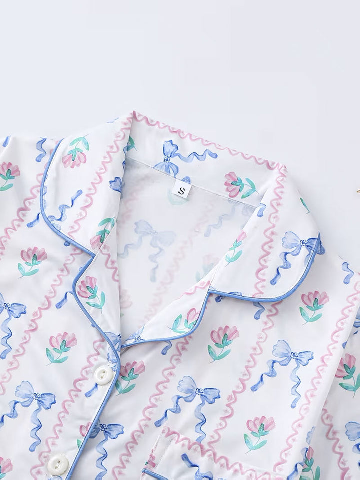 Feminine Bow & Flower Print Pajama Set