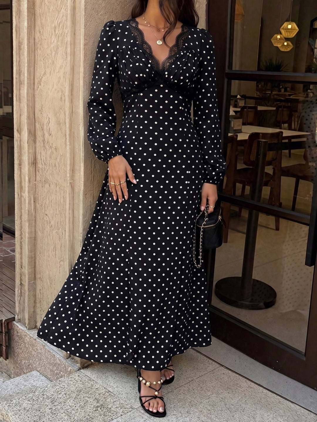Midnight Romance Lace Trim Polka Dot Maxi Dress