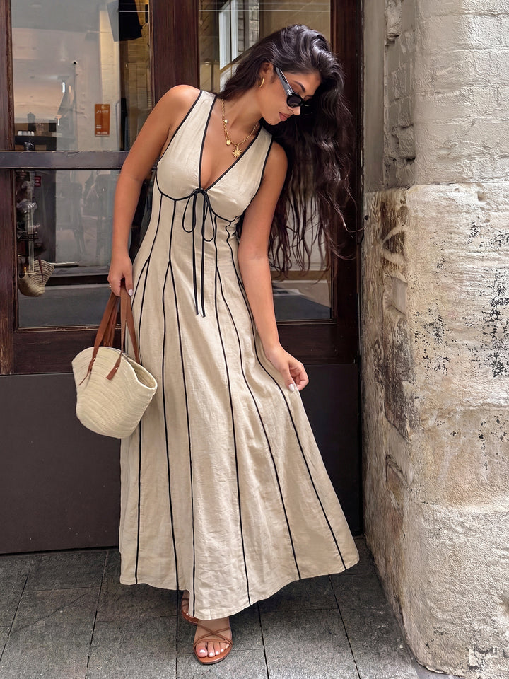 Contrast Trim Linen Blend Maxi Dress
