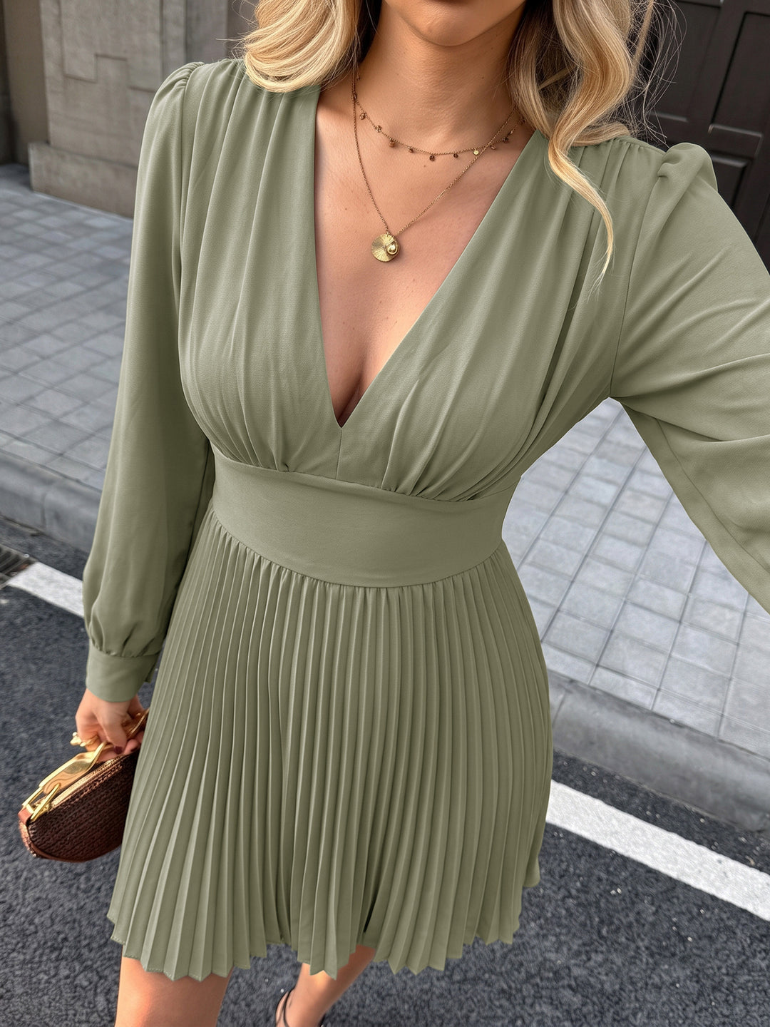 Pleated Waist Long Sleeve Dress